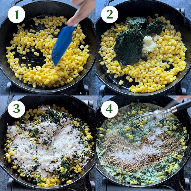 step by step picture collage of making spinach corn dip