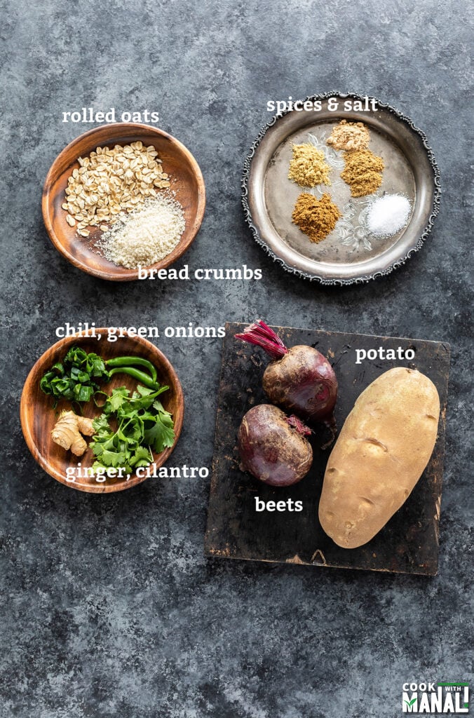 ingredients for beetroot tikki arranged on a board