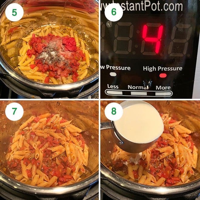 step by step picture collage of making creamy tomato basil pasta in the instant pot