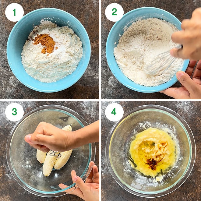 step by step picture collage of making eggless banana muffins at home