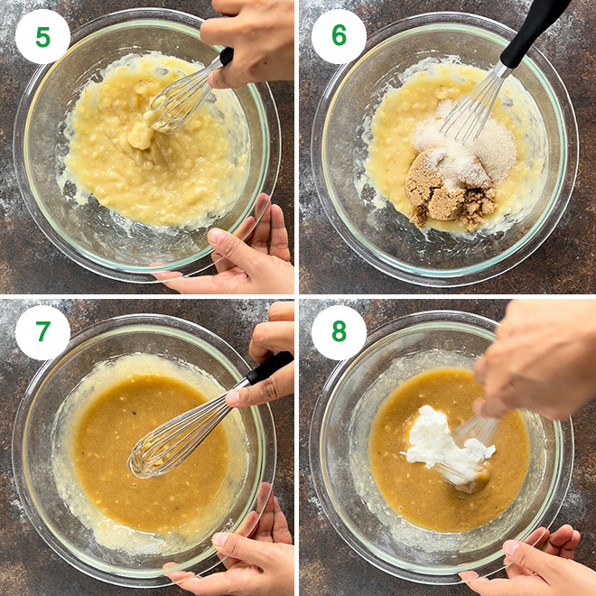 step by step picture collage of making eggless banana muffins at home