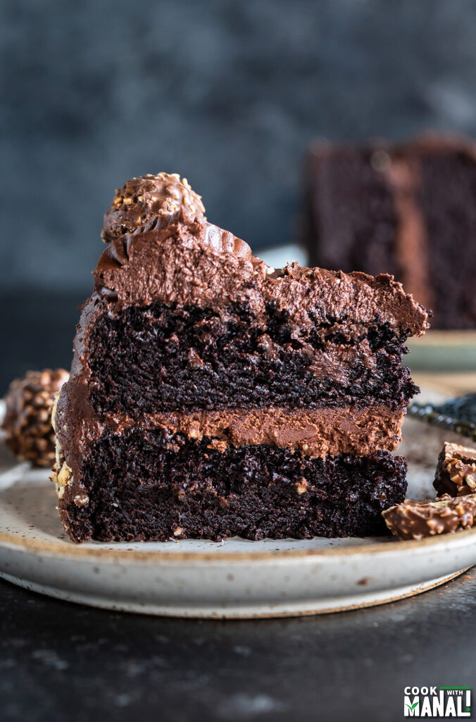a chocolate cake slice cut to show the inside