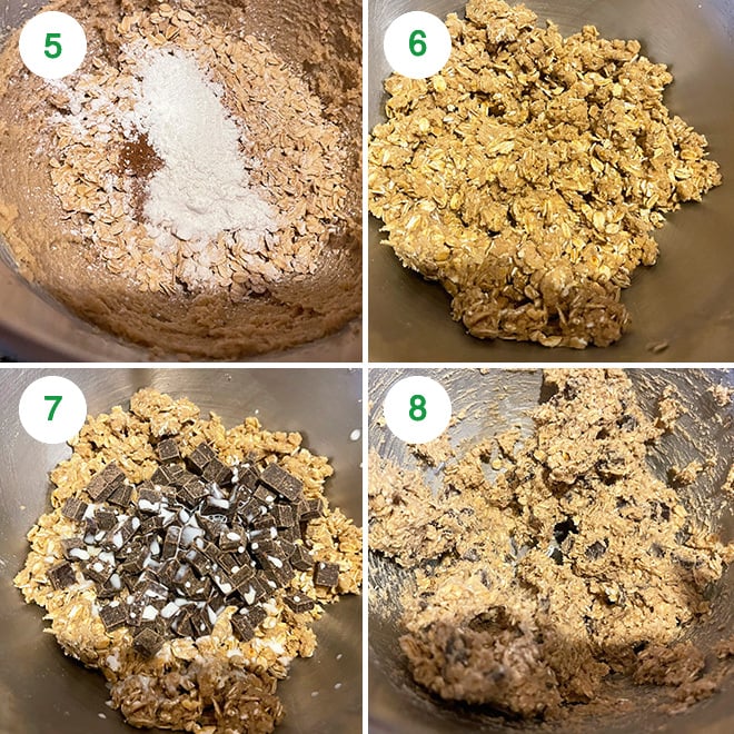 step by step picture collage of making eggless oatmeal chocolate chunk cookies