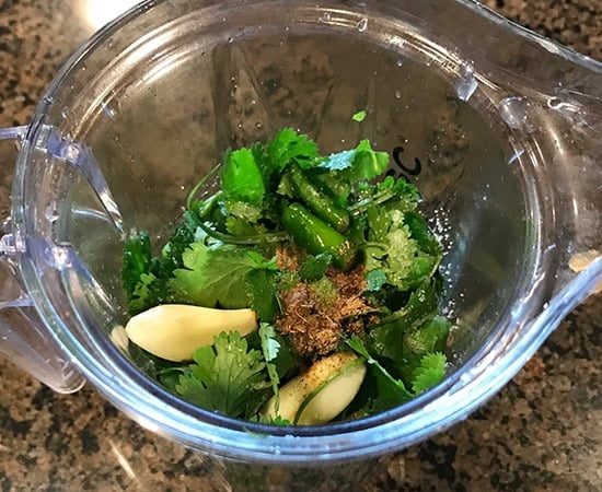 ingredients for cilantro chutney in a blender