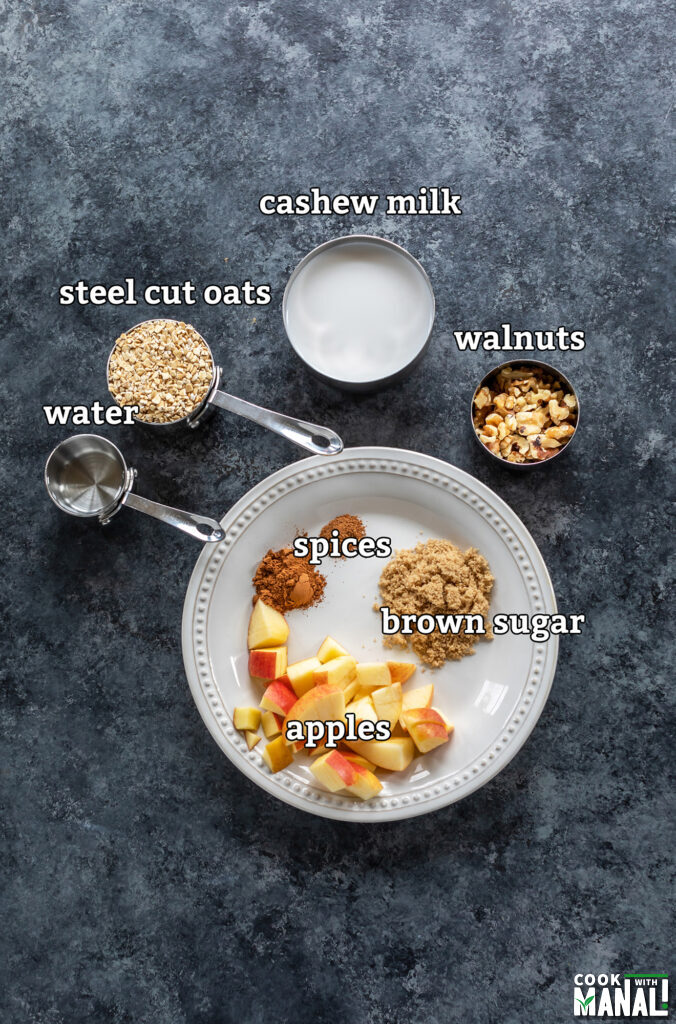 ingredients for apple pie oatmeal arranged on a board