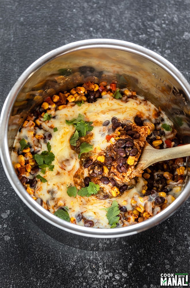 instant pot enchilada rice with cheese on top