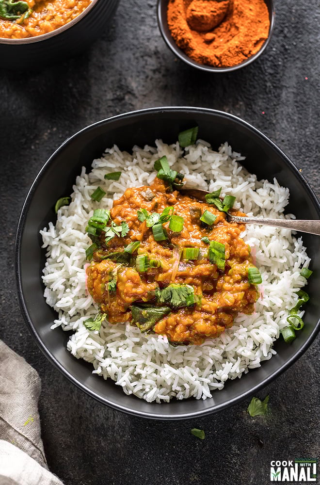 overhead shot of ethiopian lentil and rice