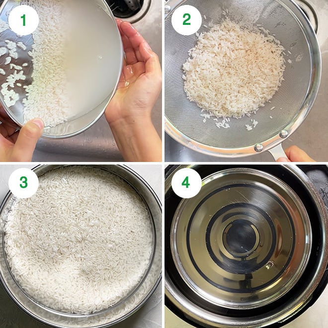 step by step picture collage of making mango sticky rice in instant pot