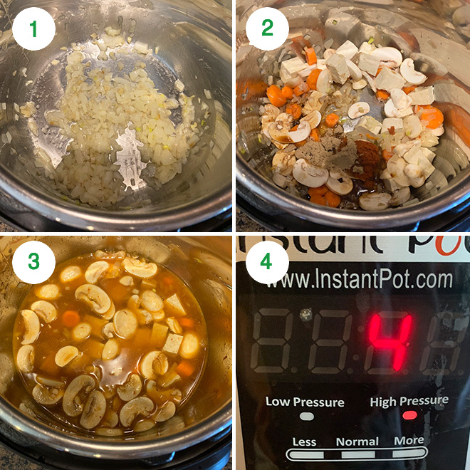step by step picture collage of making instant pot vegan thai curry soup