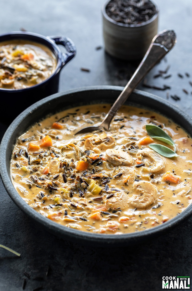 bowl of wild rice soup with a spoon