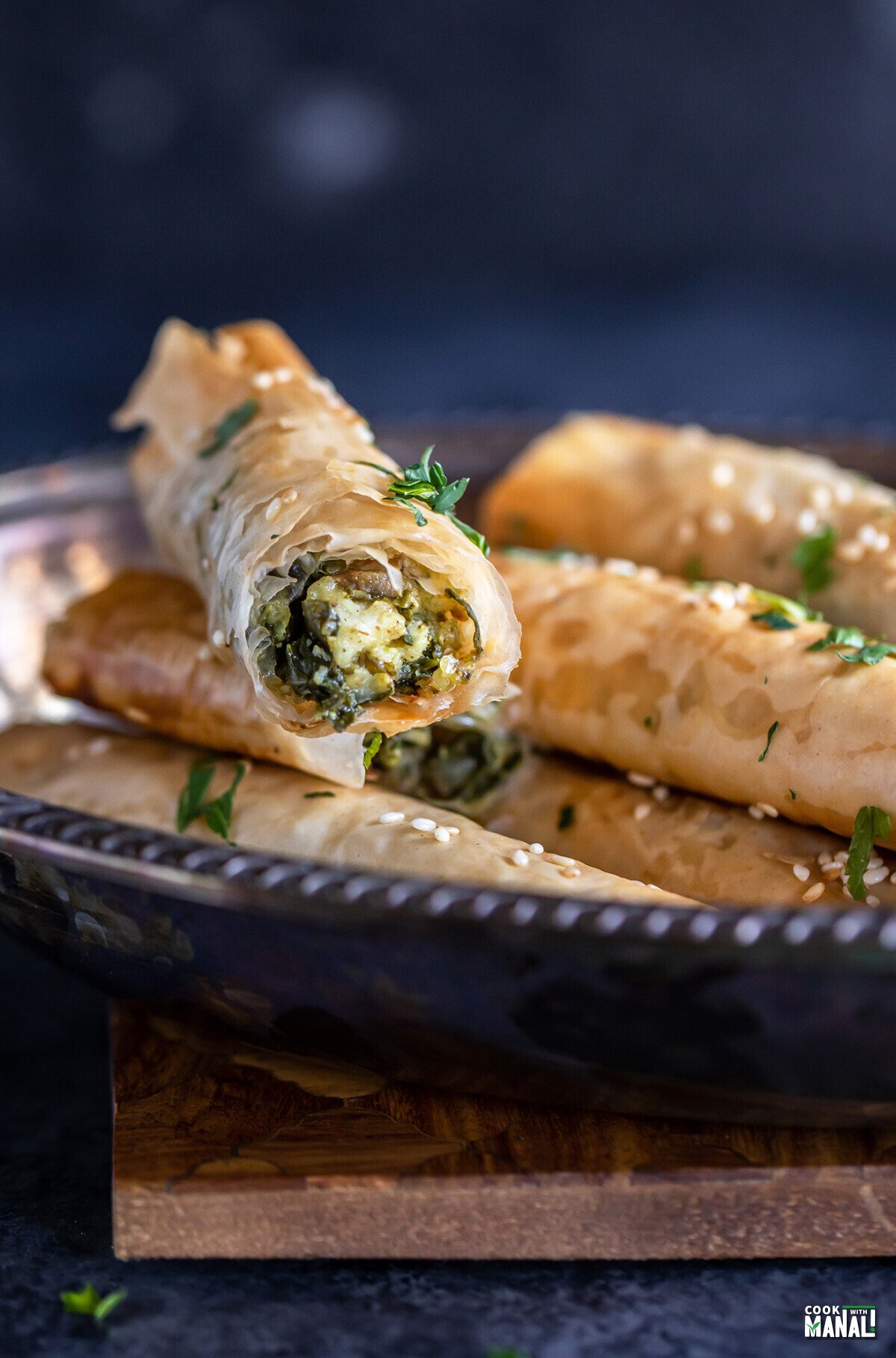 phyllo dough rolls filled with a paneer and spinach filling