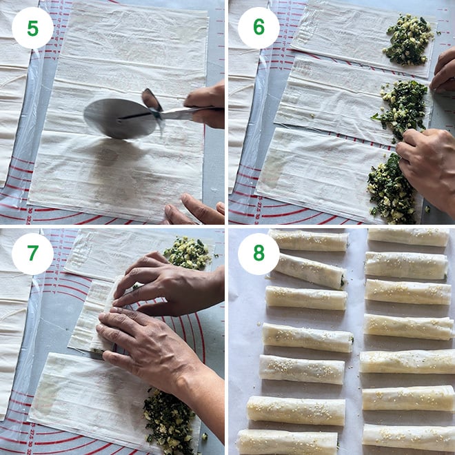 step by step picture collage of making palak paneer spanakopita rolls