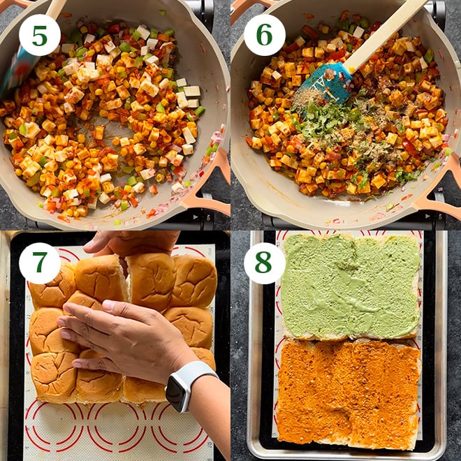 step by step picture collage of making schezwan paneer sliders