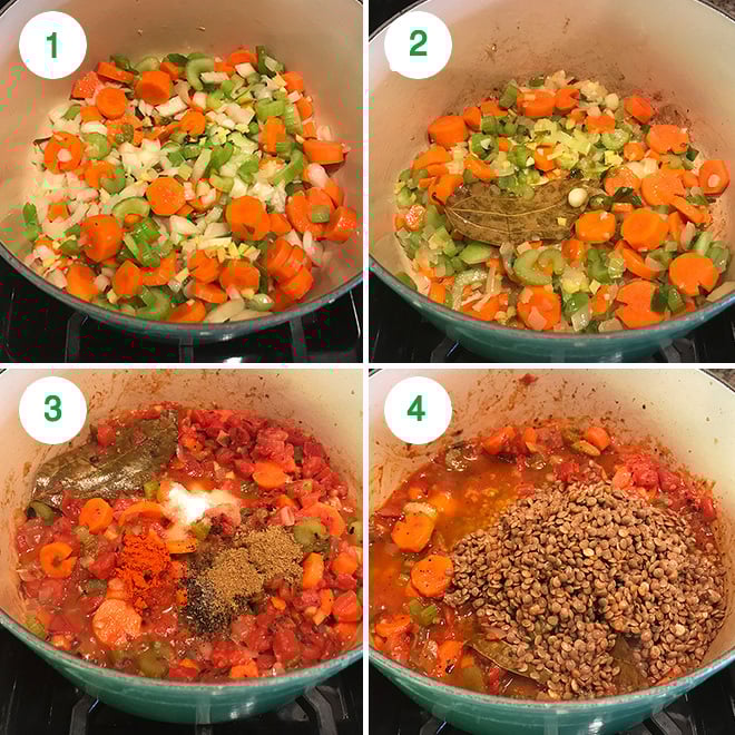 step by step pictures of making vegan lentil soup at home