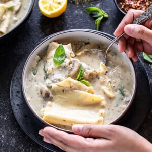 pair of hands holding a bowl of vegan mushroom white lasagna soup with some basil and squeezed piece of lemon in the background