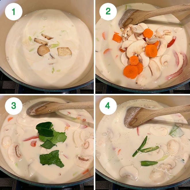 step by step picture collage of making vegan tom kha gai