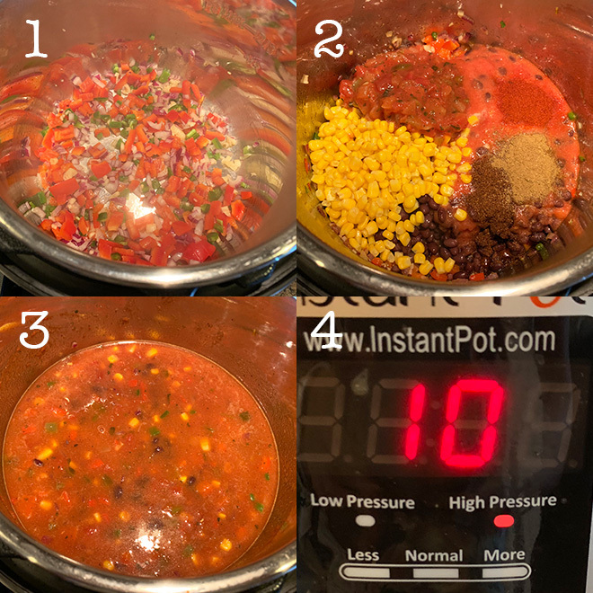 step by step collage of making vegetarian tortilla soup in Instant Pot